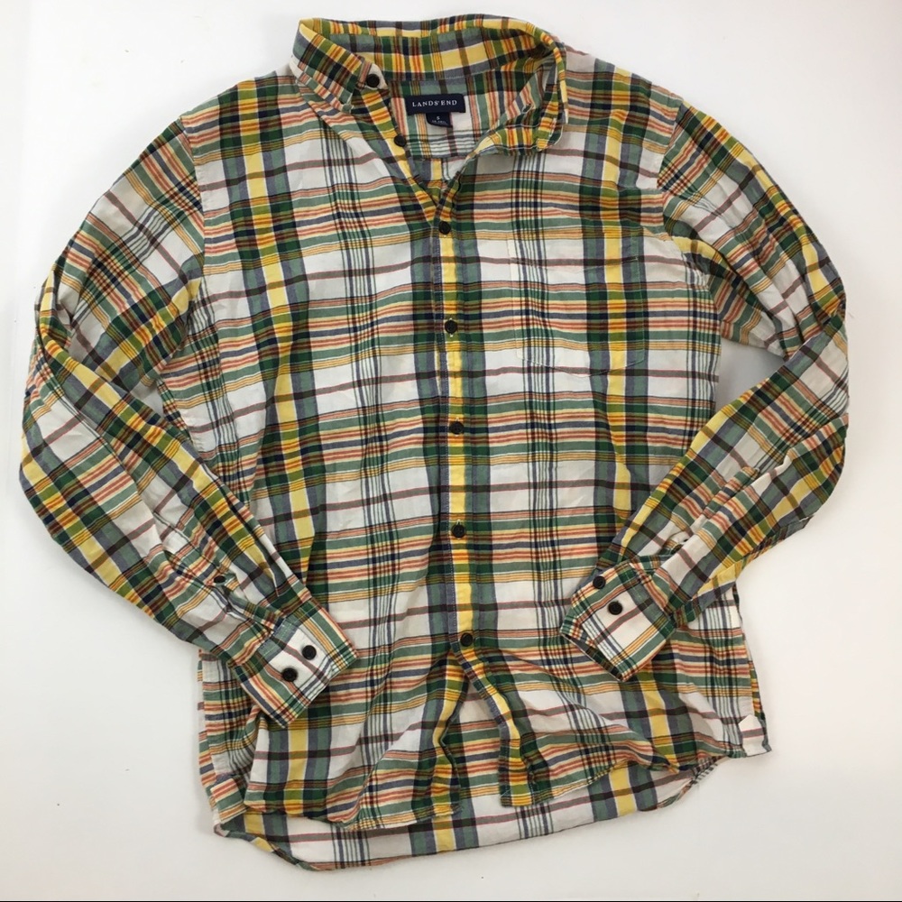 ✨5 FOR $25✨ Lands End Yellow Green Plaid Button Down Shirt - Picture 4 of 6